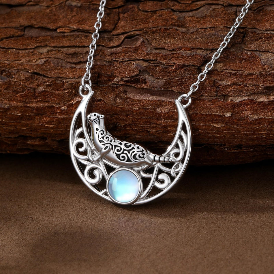 Sterling Silver Moonstone Celtic Knot Raccoon Otter Pig Dolphin Cow Pendant Necklace Birthday Mother's Day Gift