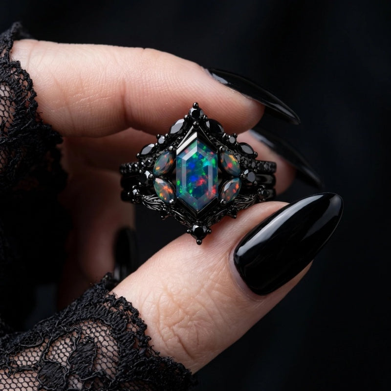 Sterling Silver 10K  14K  18K  Gold Personalized Engraved Black Opal Engagement Wedding Promise Ring for Her