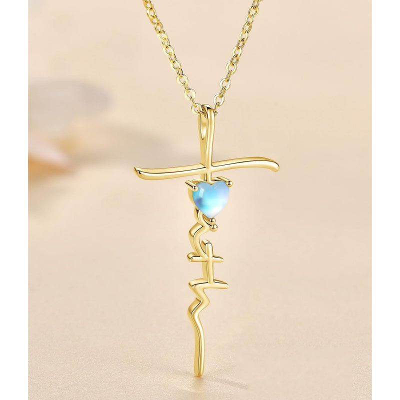 Cross Faith Heart 14K Gold Plated  Birthstone Necklaces for Women