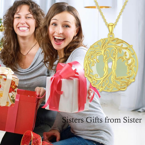 14k Gold Plated Sterling Silver Round Jade Tree of Life Necklace Good Fortune Jewelry for Women