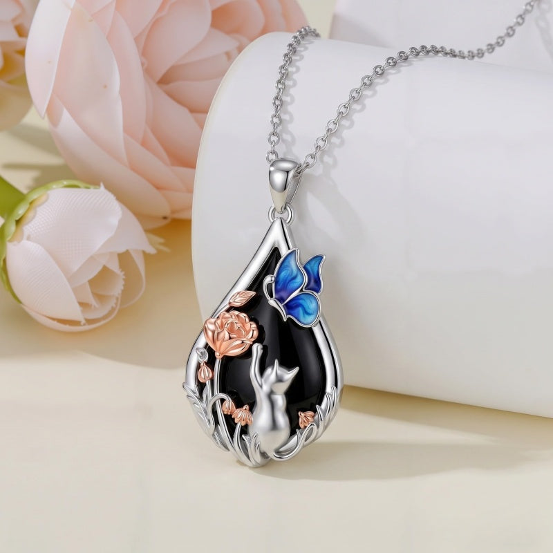 Sterling Silver Obsidian Bunny Cat Elephant Dog Fox Teardrop Pendant Necklace