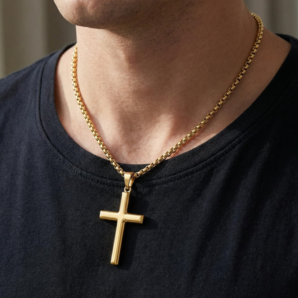 14K Gold  Plated Cross Pendant Necklace for Men Minimalist Religion Jewelry