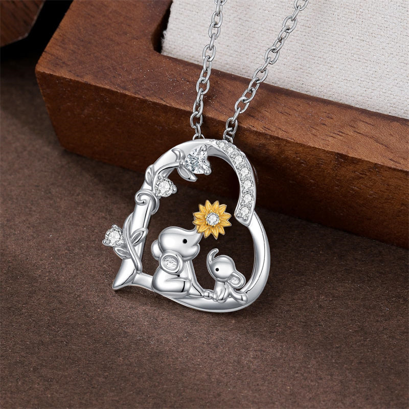Sterling Silver Cubic Zircon Mother Daughter Mama Bear Giraffe Elephants Otters Penguins Heart Pendant Necklace