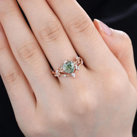Sterling Silver 2CT Moss Agate  Engagement Wedding Ring Sets for Women
