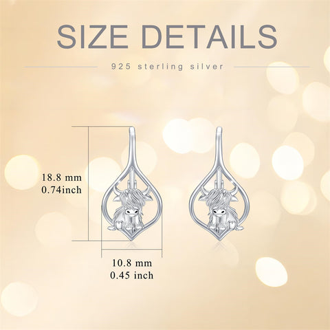 Sterling Silver Highland Cow Dangle  Leverback Earrings