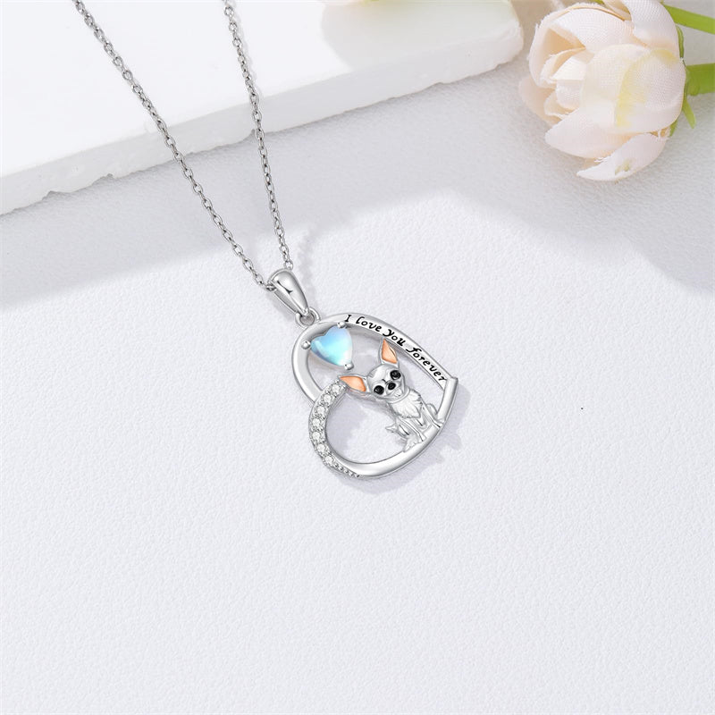 Sterling Silver Moonstone Pug Chihuahua Poodle German Shepherd Maltese Pendant Necklace Engraved wth I Love You Forever