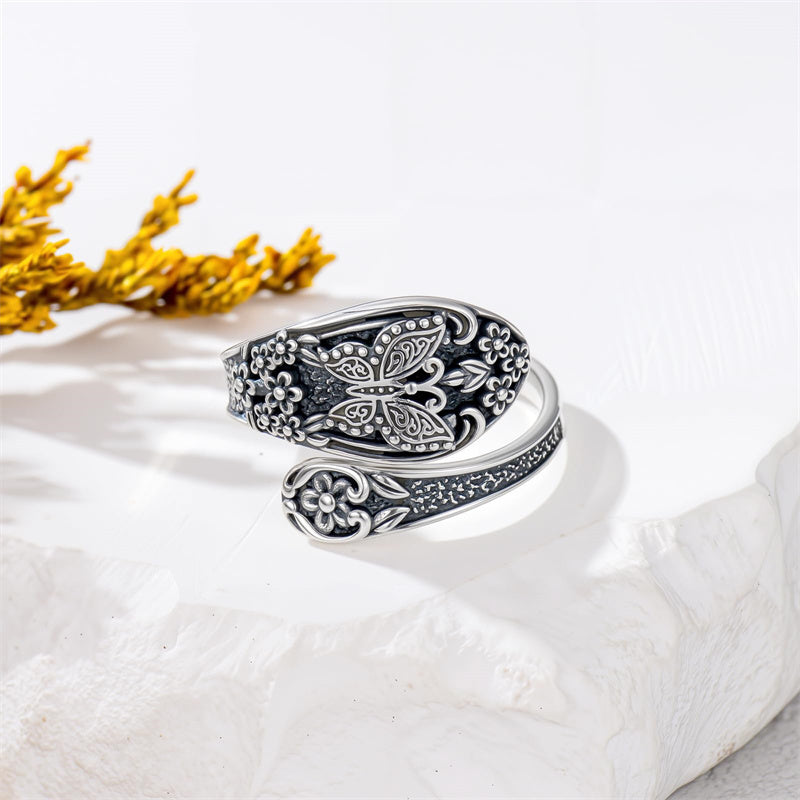Sterling Silver Oxidized Dragonfly Butterfly Hummingbird Sea Turtle Anchor Cross Tree of Life Sunflower Spoon Ring