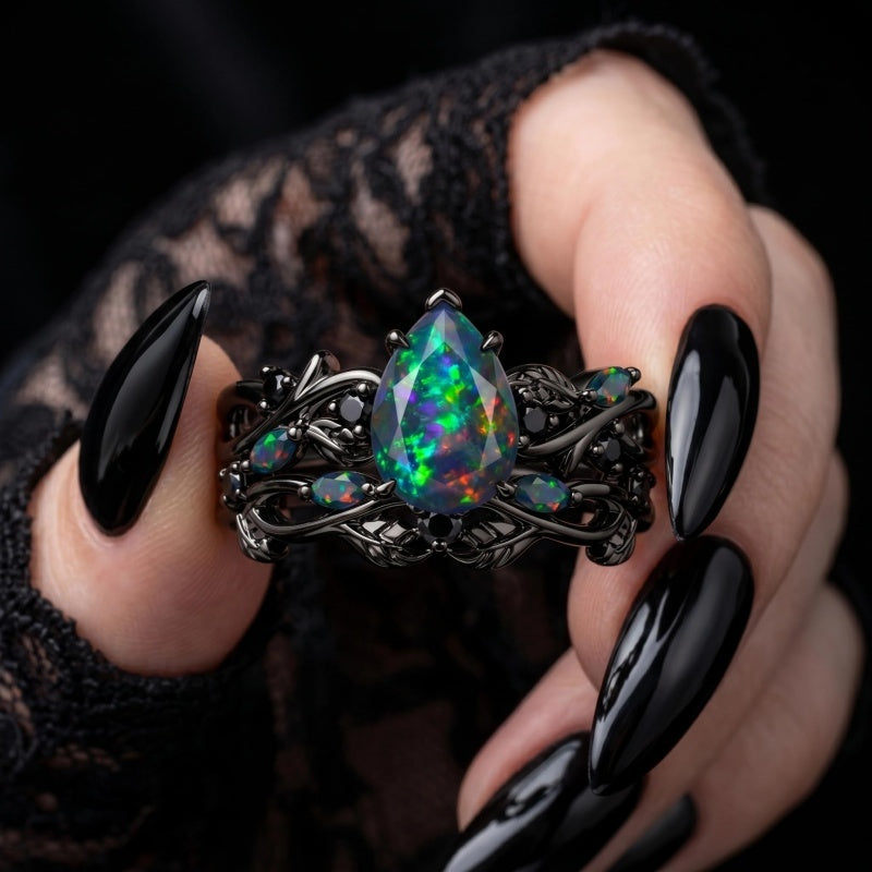 Sterling Silver 10K  14K  18K  Gold Personalized Engraved Black Opal Engagement Wedding Promise Ring for Her