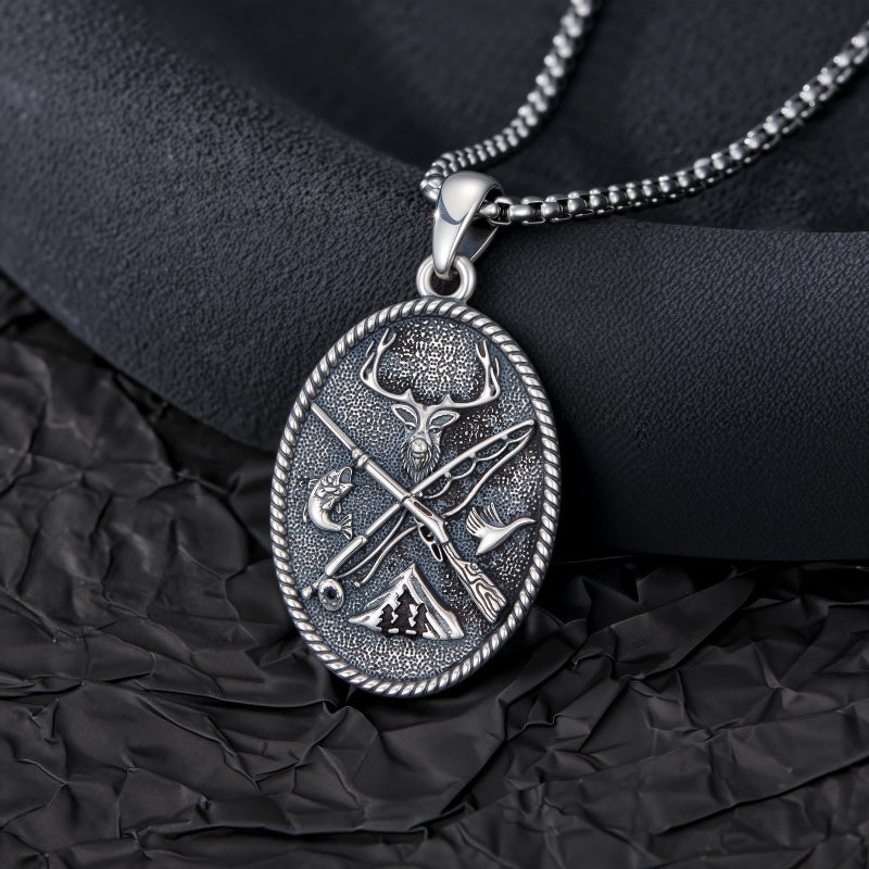 Sterling Silver Deer Bass Fish Wild Duck Fish Hook Pendant Necklace Hunting Jewelry Gifts for Men