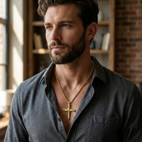 14K Gold Plated Cross Pendant Necklace for Men Faith Religious Jewelry