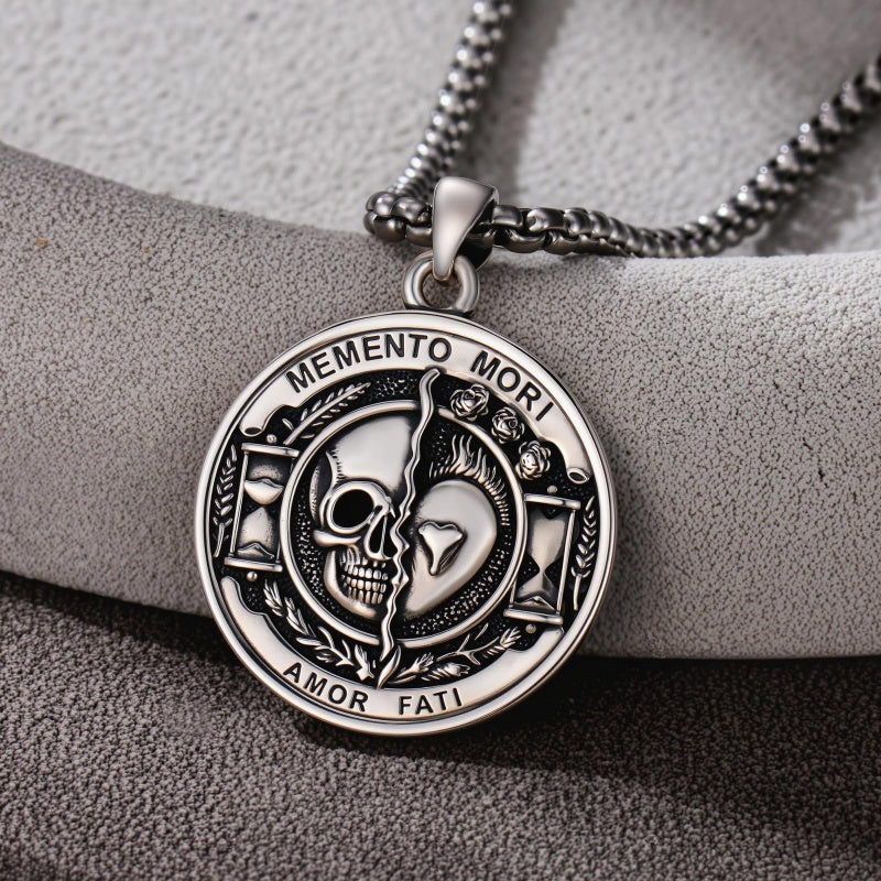 Sterling Silver Memento Mori Gothic Skull Amulet Pendant Necklace for Men