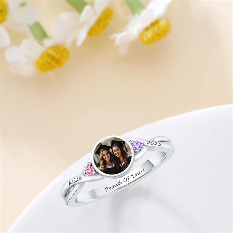 Sterling Silver Personalized Birthstone Photo Class Ring for Women