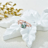Sterling Silver 10K 14K 18K 2CT Natural Moss Agate Leaf Engagement Wedding Promise Rings Set