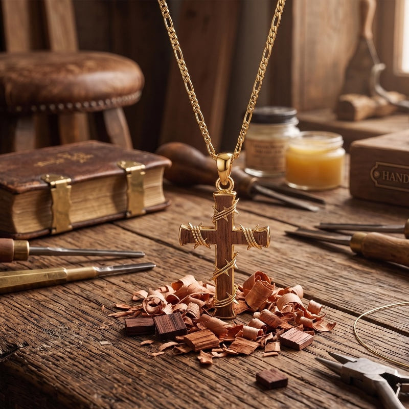 Wood 14K Gold Plated Cross Pendant Necklace