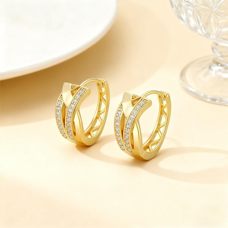 14K Gold Plated  Cubic Zircon X-shaped Hoop Earrings for Women