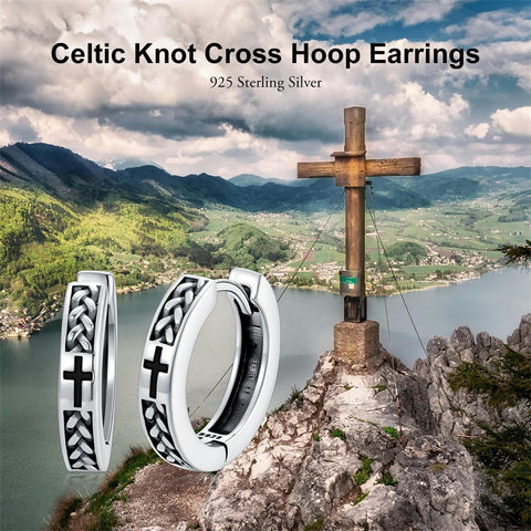 Sterling Silver Cross Celtic Knot Turquoise Hoop Earring for Men