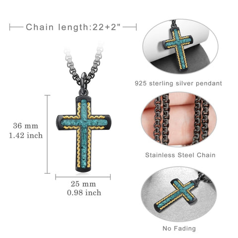 14K Gold Plated Turquoise Malachite Abalone Shell Cross Pendant Necklace for Men