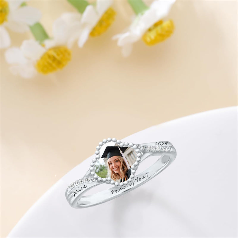 Sterling Silver Customized Engraved Photo Class Ring for Her