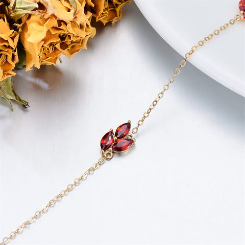 14K Gold Garnet Leaf Red Bracelet