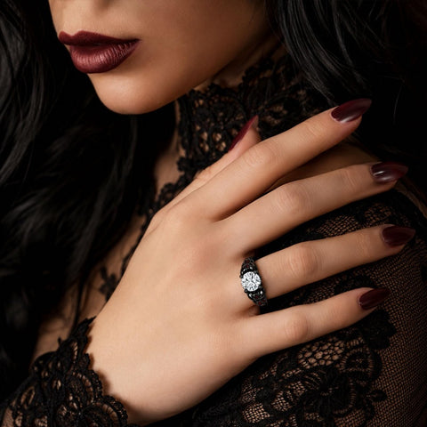 Sterling Silver 10K 14K 18K Gold Custom Engraved Moissanite Engagement Wedding Ring Halloween Gift