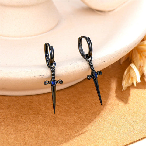 Sterling Silver Black Sword Cross Hoop Earrings Gift for Men Women