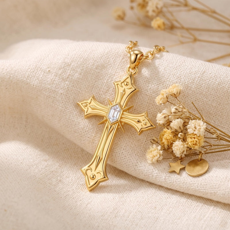 10K 14K 18K Gold Cross Pendant Necklace Religious Jewelry Gifts for Men and Women