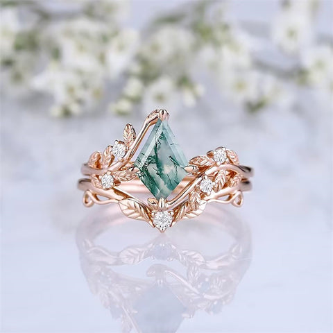 10K 14K 18K Gold Natural Moss Agate Ring Set Engagement Ring
