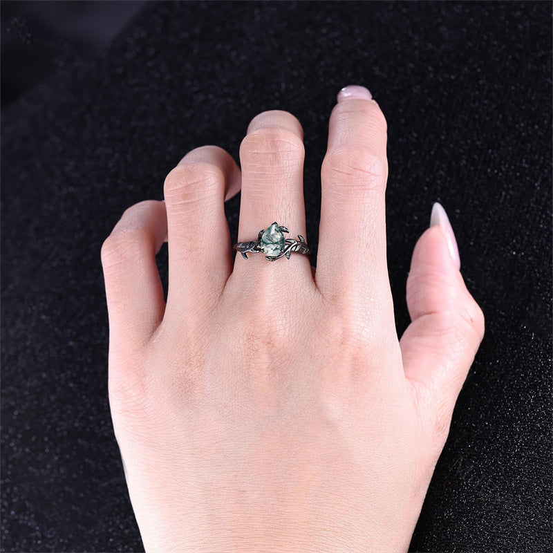 Sterling Silver 10K 14K 18K Gold Natural Leaf  Moss Agate Engagement Anniversary Couple Ring Sets