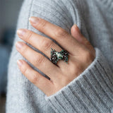 Sterling Silver 10K 14K  18K Gold Personalized Engraved Moss Agate Gothic Promise Wedding Engagement Black Ring Set