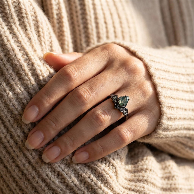 Sterling Silver 10K 14K  18K Gold Personalized Engraved Moss Agate Gothic Promise Wedding Engagement Black Ring Set