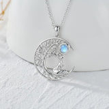 Sterling Silver Moonstone Tree of Life Wolf Cat Fox Rabbit Monkey Pendant Necklace Gift for  Birthday Christmas