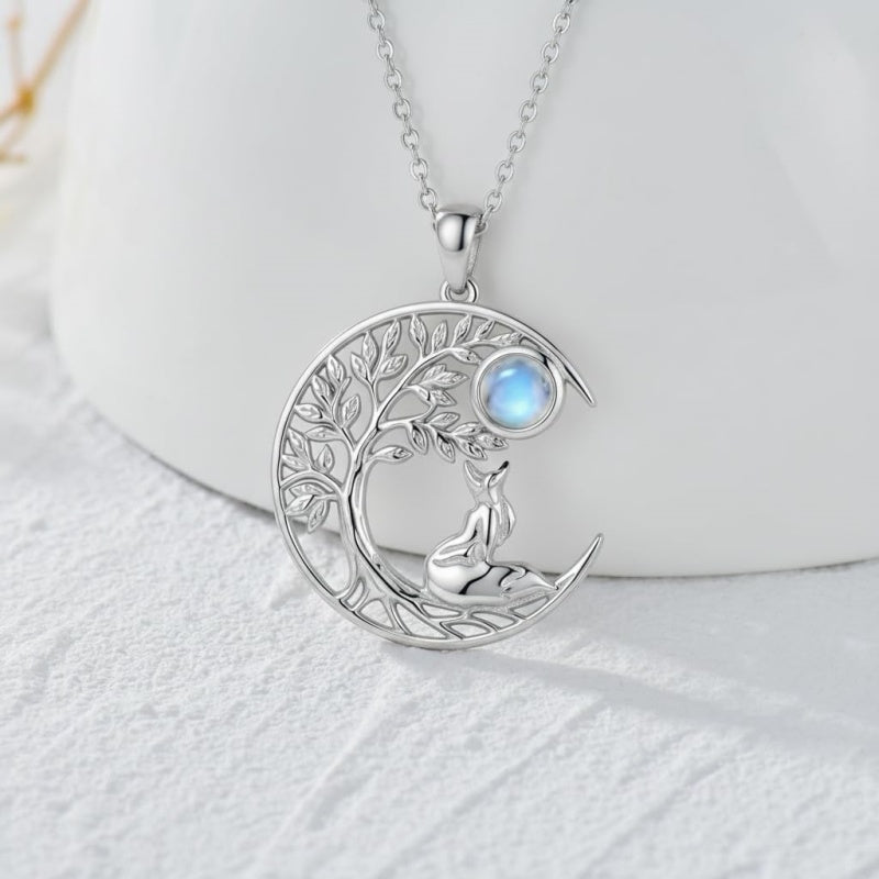 Sterling Silver Moonstone Tree of Life Wolf Cat Fox Rabbit Monkey Pendant Necklace Gift for  Birthday Christmas