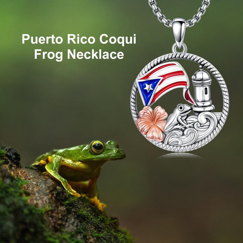 Sterling Silver Frog Flag Puerto Rico Pendant Necklace