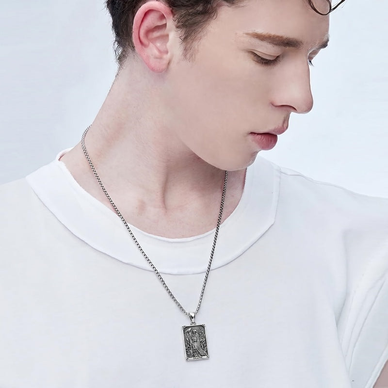 Sterling Silver Tarot Card Pendant  Necklace for Men Gothic Amulet Jewelry