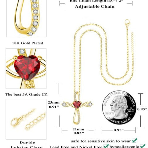 14K Gold Plated Heart Birthstone Infinity Religious Cross Pendant Necklace for Women