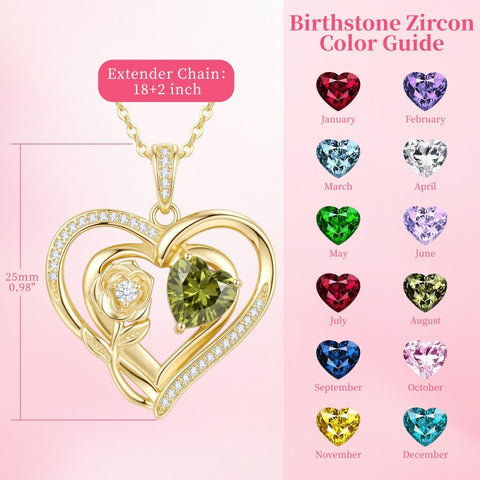 14K Gold Plated Birthstone Rose Heart Birthstone Necklace for Women