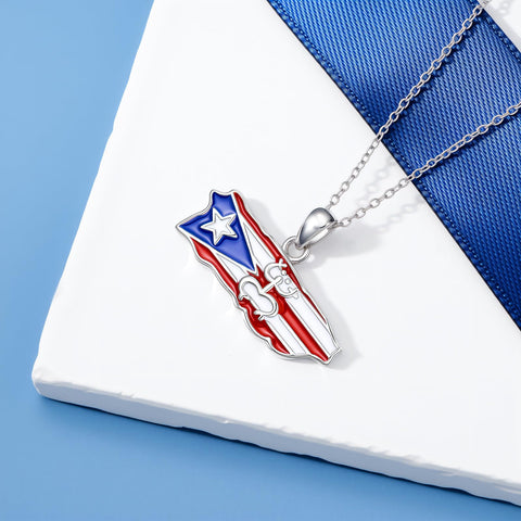 Sterling Silver Frog Puerto Rican Map Pendant Necklace