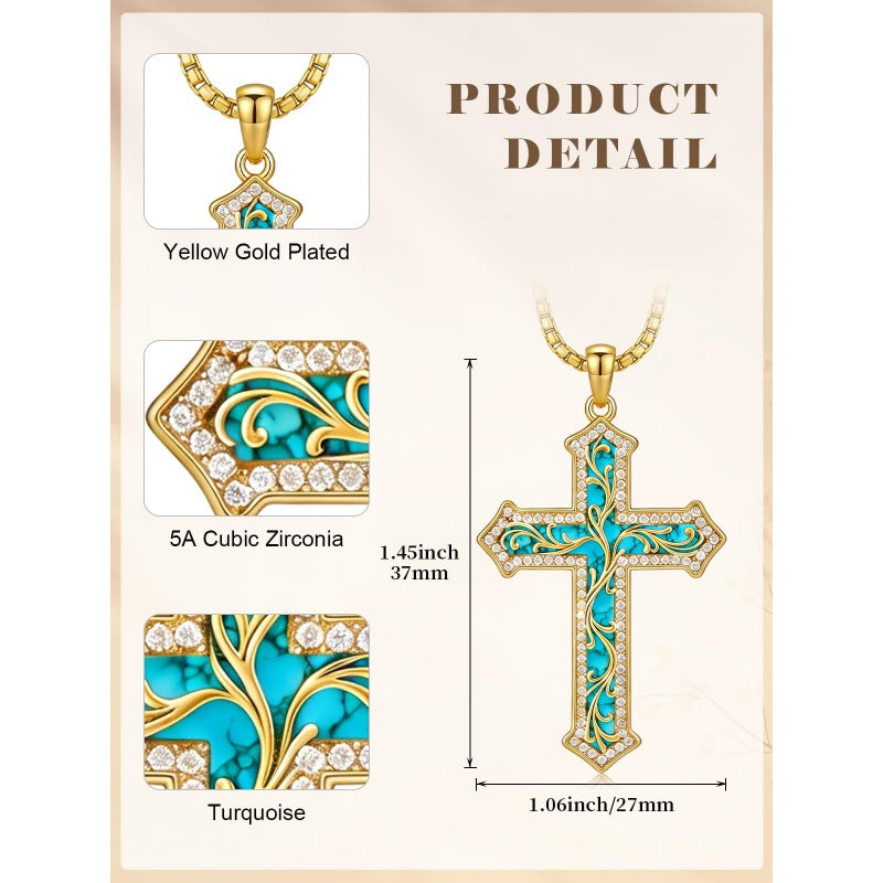 14K Gold Plated Turquoise  Abalone Shell Malachite Wood Filigree Cross Pendant Necklace