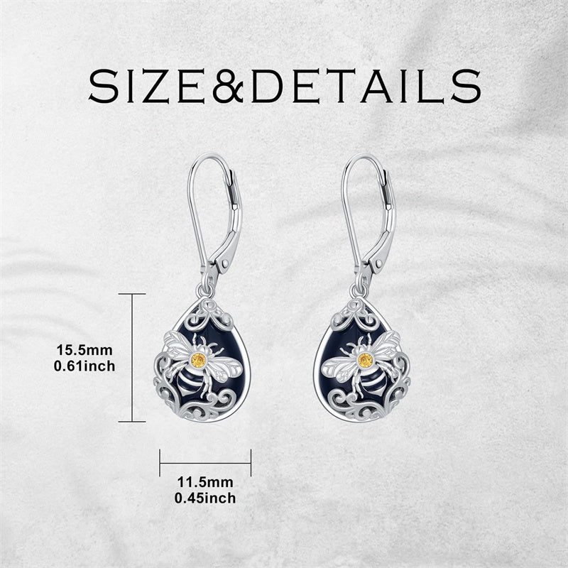 Sterling Silver Filigree Black Onyx  Bee Hummingbird Leverback Earrings