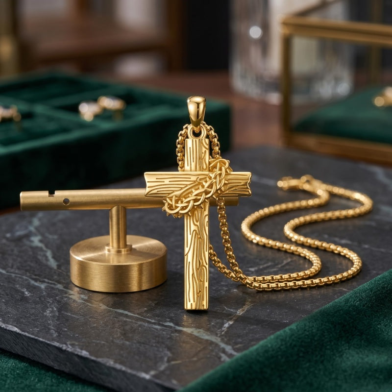 14K Gold Plated Cross Pendant Necklace for Men Religious Jewelry Christian Gift