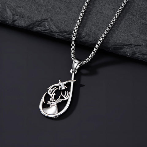 Sterling Silver Deer Bass Fish Wild Duck Fish Hook Pendant Necklace Hunting Jewelry Gifts for Men