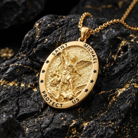 14K Gold Plated Saint Medal Christian  Pendant Necklace for Men