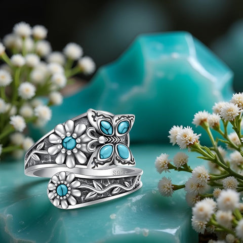 Sterling Silver Turquoise Hummingbird Butterfly Sunflower Adjustable Spoon Ring