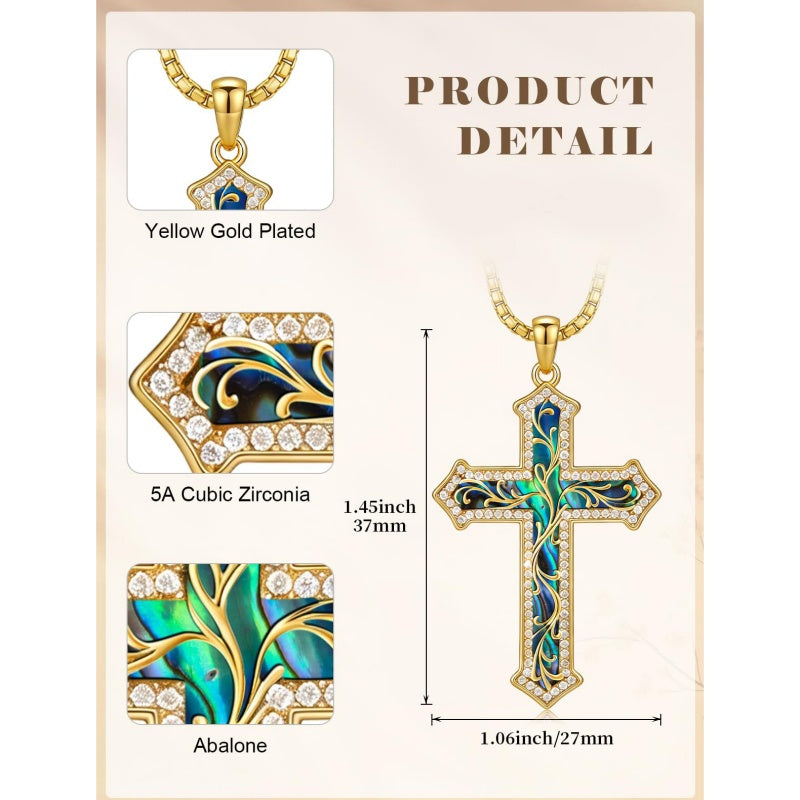 14K Gold Plated Turquoise  Abalone Shell Malachite Wood Filigree Cross Pendant Necklace