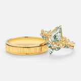 Sterling Silver10K 14K 18K Gold Natural Moss Agate Branch Leafy Engagement Ring Set For Couples