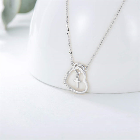 14K l Gold Heart Cubic Zirconia Cross Heart Pendant Necklace