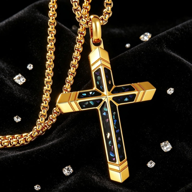 14K Gold Plated Turquoise Malachite Cross Necklace for Men Christianity Cross Jewelry