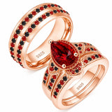 Sterling Silver 10K 14K 18K Gold Personalized Engraved  Halloween Dark Red Gemstone Couple Ring Set