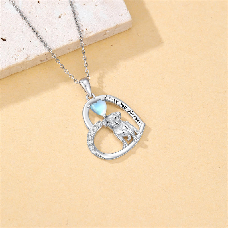 Sterling Silver Moonstone Pug Chihuahua Poodle German Shepherd Maltese Pendant Necklace Engraved wth I Love You Forever