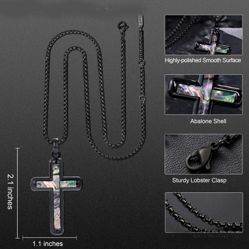 14K Gold Plated Wooden Abalone Shell Cross Pendant Necklacefor Men